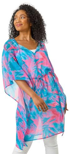 Roman Petite Abstract Tie Waist Cover Up for Women UK - Ladies Everyday Holiday Spring Summer Round Neckline Comfy Soft Evening Vacation Work Party