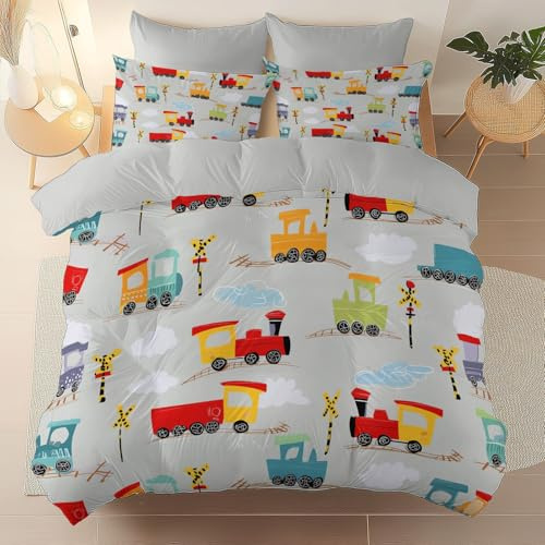 Bettwäsche 135 x 200 cm 2 teilig, Cartoon Zug Verkehrszeichen Bedrucktes Weiche Atmungsaktiv Mikrofaser Hellgrau Reversibel Bettbezug mit Reißverschluss, Für Teenager Kinder Bettbezug