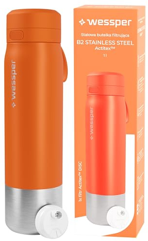 Wessper Gourde Filtrante, Bouteille d'eau en Acier Inoxydable avec Filtre Actitex Disc, 1 l, Filtre a Eau à Charbon, Réduit le Chlore, BPA FREE -Orange