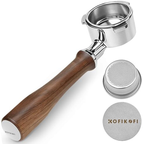 KOFIKOFI 54mm Bodenloser Siebträger mit 3 Ohren, Pucksieb und Filterkorb aus Edelstahl, Siebträger für Breville Barista-Serie BES870/878/880 und anderen 54mm Breville/Sage Kaffeemaschine, Walnussholz