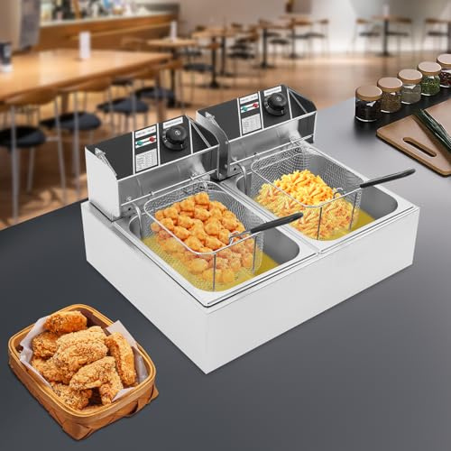 DSYOGX Friteuse commerciale 2 x 6 l - Friteuse électrique à deux récipients avec panier - Double bac - Friteuse double en acier inoxydable 201 - Pour restaurants, supermarchés, restaurants