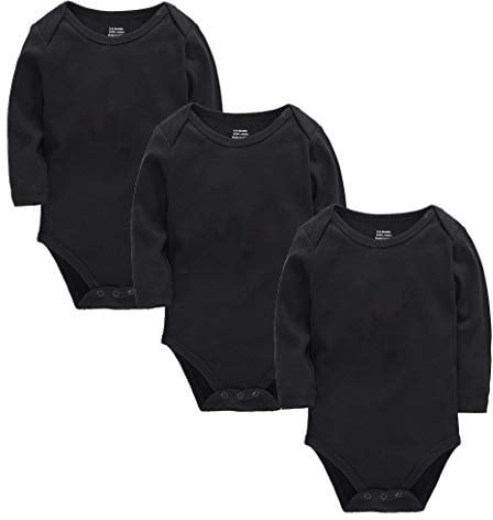 kavkas Långärmad babybody för pojkar och flickor nyfödda bomullsvästar undertröjor spädbarn solida onesies 3-pack (0–24 månader), Svart, 0-3 månader