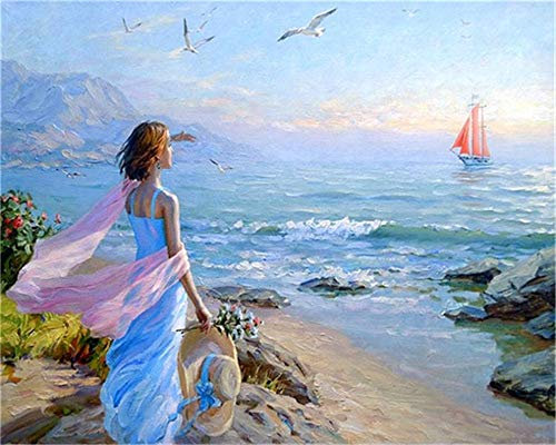 YEESAM ART DIY Ölgemälde Malen nach Zahlen Erwachsene Kinder, Mädchen am Meer Sandstrand Zahlenmalerei ab 5 Öl Wandkunst (Meer, ohne Rahmen)