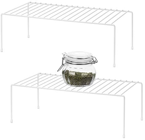 QIWODE Kitchen Cupboard Organiser, Home and Kitchen Storage Shelf Wire Rack Made of Metal for Kitchen Cabinets, Counter-Tops, Pantries, Food and Utensils - White (Pack of 2)
