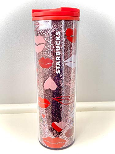 Starbucks Bicchiere termico a doppia parete con labbra rosse e cuori rosa con glitter, 473 ml, con chiusura a vite