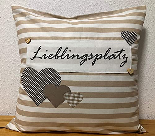 1 Kissenhülle, Kissenbezug,Landhausstil Kissen *Lieblingsplatz* beige/weiß gestreift mit Herzen