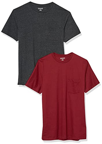 Amazon Essentials Men's T-Shirt Slim-Fit Short-Sleeved Crewneck Pocket, Pack of 2, Charcoal Heather/Burgundy, S