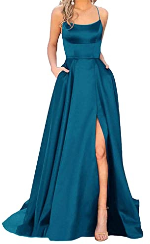 HAHAEMMA Damen Elegant Lange Ballkleider mit Taschen Satin A-Linie Backless Hochzeitskleid Abendkleider Sexy Neckholder Spaghetti Brautkleid Kleider Lang Prinzessin Brautjungfer Kleid (PB-S)
