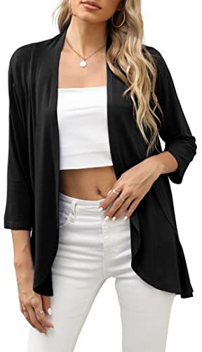 TASAMO Woman Open Front Cardigans Casual 3/4 Sleeve Flowy Floral Printed Summer Shrugs(Small, Black)