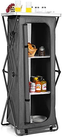 Goplus Folding Camping Storage Cabinet, Pop Up Outdoor Camping Kitchen Station with Large 3-Tier Storage Organizer, Carry Bag, Easy Set Up Portable Compact Camping Table for BBQ Picnic Backyard (55'')