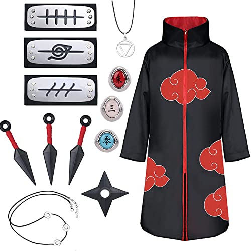 JMOCD Costume Akatsuki Itachi Hidan Costume adulto bambino mantello Akatsuki vestito manga Cosplay fascia anello collana accessori carnevale uomo donna ragazza ragazzo Halloween (L)