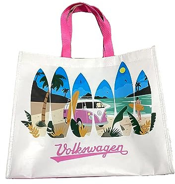Puckator Volkswagen VW T1 Camper Bus The Waves are Calling Wiederverwendbare Einkaufstasche aus recycelten Kunststoffflaschen – Handtaschen für Damen, Segeltuch-Tragetaschen für Damen, große