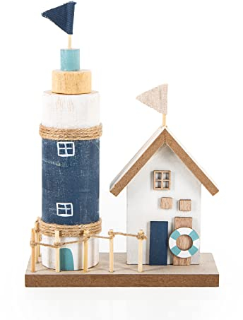 Logbuch-Verlag Strandhaus Miniatur Leuchtturm + Bootshaus Figur aus Holz I Holzdeko maritim Meer Strand 26 cm blau weiß