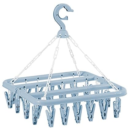Heshebuy 32 Clips Folding Laundry Hanger, Laundry Drying Rack Folding Sock Hanger, Hanging Drying Rack(Scandinavian Blue)