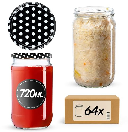 KADAX 64er Set Einmachgläser 720ml TO82 Schwarz gepunktet, Große Sturzgläser mit Schraubdeckel, Einkochgläser Fermentierglas für Gurken, Gemüse, Sauerteig
