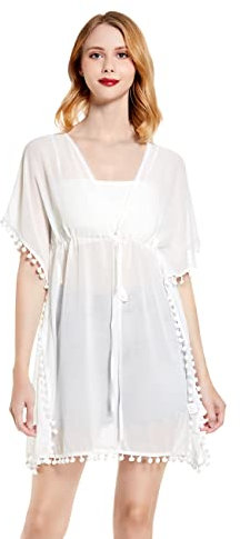 RPAEOY Robe Plage Femme Tunique Kimono Pompons Beachwear Été Bohème Cache Maillot de Bain Jupe de Bain Transparente Robes Ete Vacances Bord de Mer Vetement Plage