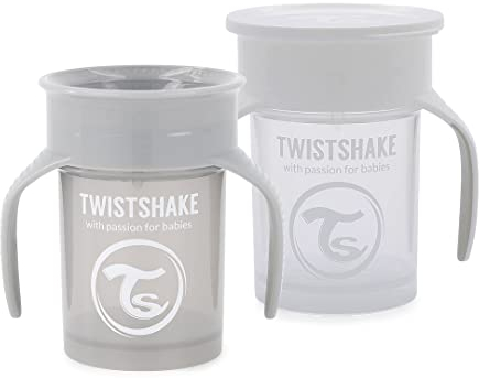 Twistshake 2x Auslaufsicherer Baby 360 Trinkbecher mit Silikondichtung - 230ml | Trainingsbecher für Kinder | Trinkflasche | BPA-Frei | Grau Weiß