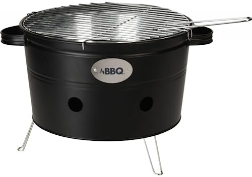 34cm Round Portable Charcoal Barbecue Bucket Steel BBQ Grill Outdoor Garden Travel Camping Picnic (Black)
