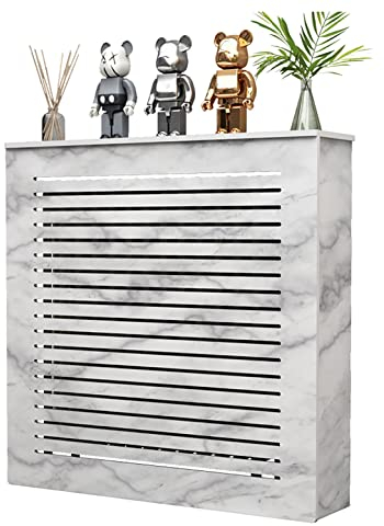 Marble Texture Radiator Cover - Stylish Horizontal Slat Decorative Cabinet for Living Room/Bedroom/Kitchen, Modern PVC Wood Plastic Board, White (80x90x25cm)