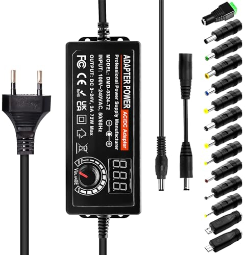 Adaptador de Corriente Universal 3A 72W, Indmird 3V-24V Fuente de alimentación Universal 100V-240V AC a DC Adaptador Universal con 14 Conectores y Cable de Polaridad Inversa para Cámara CCTV Enrutador