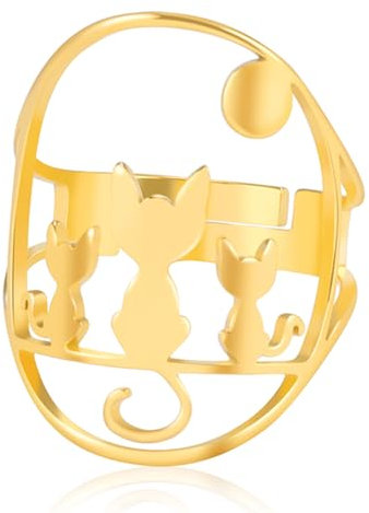 TEAMER Edelstahl niedlich Katze Ringe Mondsichel Stern Katze Ring Resizable Vollmond Katzen Ring Katzenliebhaber Schmuck für Frauen (Drei sitzende Katzen Vollmond - Gold)