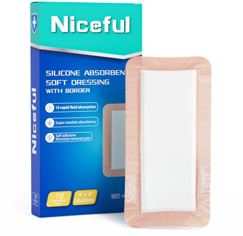 Niceful Silicone Super Absorbent Wound Dressing - 4×8 Large Absorbant Bandages with Adhesive Borders, FSA HSA Eligible, Wound Care Dressings for Bed Sores Leg Ulcers