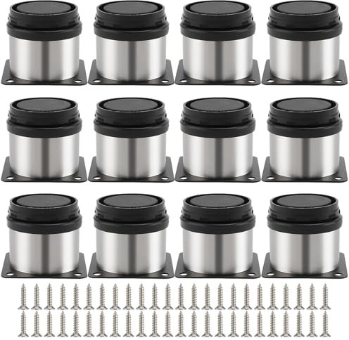 MAHIONG 12 PCS 50mm-65mm Adjustable Silver Furniture Legs, 2 Inch Stainless Steel Metal Cabinet Legs Furniture Feet with Screws, Round Sofa Cabinet Riser Replacement Legs for DIY Desk Kitchen Ottoman