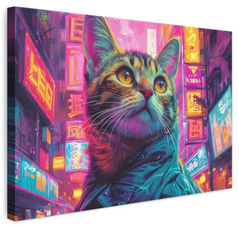 MuchoWow© Bilder Klein Mini Wohnzimmer Deko Modern Wandbild Foto | 30x20 cm - Leinwand Bild Schlafzimmer über Bett Room Decor Geschenke Graffiti - Katze - Neon - China - Rosa - Pop-Art