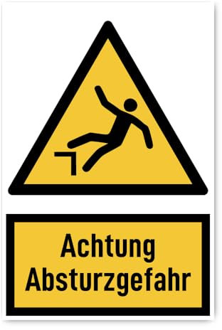 Aufkleber: 300x200 mm, 1 Stück - Achtung Absturzgefahr - Warnzeichen mit Text (deutsch) (gelb/schwarz) - hochkant - W008 - DIN EN ISO 7010 / ASR A1.3