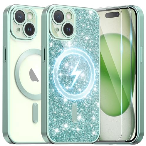Ethanger for iPhone 15 Case with 2 Screen Protector Compatible with MagSafe, Magnetic Cover Shockproof Frosted Bumper with Glitter Card and Wrist Strap for Women Girls, Titanium Green