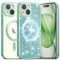 Ethanger for iPhone 15 Case with 2 Screen Protector Compatible with MagSafe, Magnetic Cover Shockproof Frosted Bumper with Glitter Card and Wrist Strap for Women Girls, Titanium Green