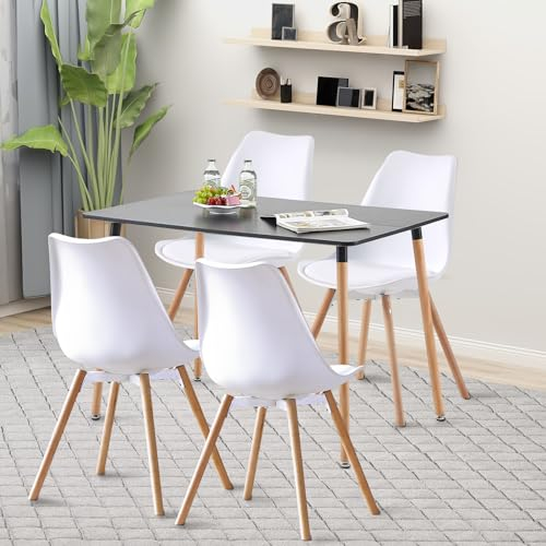 LafeuR Esszimmergruppe Esstisch mit 4 Stühlen, Rechteckig Küchentisch-Set Essgruppe für Küche Esszimmer und Wohnzimmer (Schwarz Tisch+4 Weiß Esszimmerstühle)