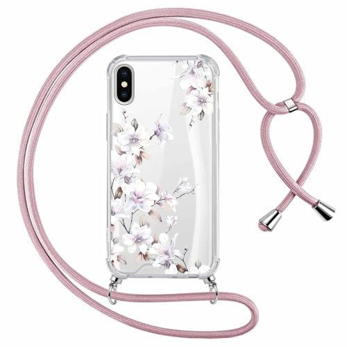Yoedge Handyband Handyhülle für iPhone X/iPhone XS 5,8 Hülle mit Band,Durchsichtig Aesthetic Muster Blumen Mädchen Case mit Kordel zum Umhängen, Weiche Silikon TPU + PC Stoßfest Schutzhülle Cover,05