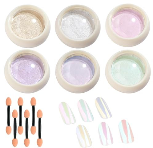 6PCS Chrome Nail Powder 6 Colors Mirror Effect Pearl Nail Powder 3 Grams Nail Glitter Powder Iridescent Aurora Holographic Nail Powder for Gel Polish Nail Art Decorations, Holographic Nail Powder