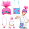 HONMOK 7pcs Poppy Kostüm Kinder Mädchen Trolls Perücke Set mit Halsketten Armbänder Ohrringe Ringe Handtasche Trolls Prinzessin Kostüm Outfit für Karneval Fasching Cosplay Halloween Geburtstag