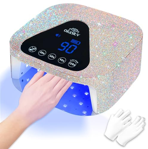Okasiuv Lampada UV LED per unghie da 54 W con guanti UV, base magnetica a specchio in metallo, senza fili, luce per polimerizzazione dello smalto gel con 4 timer, display touch control, sensore