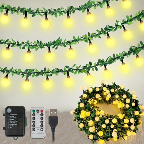 Aolupal 39 Ft 100 LED Vine with Fairy Lights Battery Operated,8 Modes Globe Ivy String Lights,Green Vines with Lights for Bedroom,Room, Wall, Garden, Party, Wedding,Christmas Decor (Warm White)