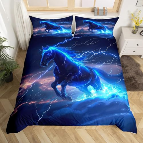 Black Horse Duvet Cover King Size,Blue Lightning Comforter Cover with 2 Pillowcase for Teens Adults,Kids Galloping Horse Bedding Set,Horse Breathable 3 Pcs Decorative Bed Cover(No Comforter)