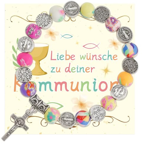 Dongcill Erstkommunion Geschenk Kommunion Geschenke für Mädchen Armband Erstkommunion Geschenke Mädchen mit Kreuz Kommunion Taufe Geschenk Bunte Perlen Armbänder für Kinder mit Kommunionkarte