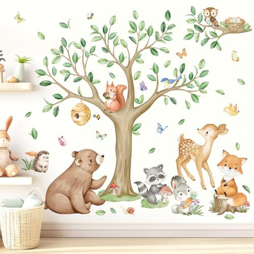wondever Wandtattoo Waldtiere Baum Wandaufkleber Bär Rehe Füchse Wandsticker Wanddeko für Babyzimmer Kinderzimmer
