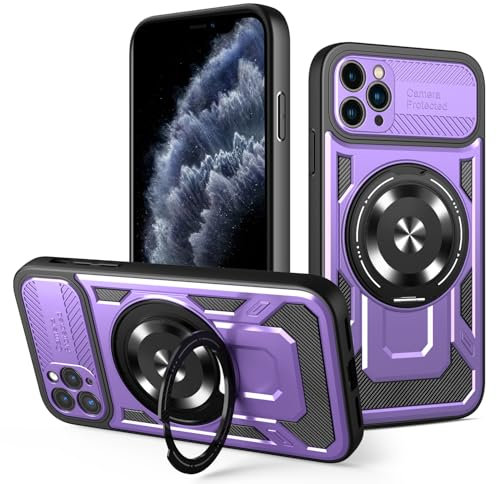 JMstore Cover per iPhone 11 Pro Max, Protezione Fotocamera, con Cavalletto in Metallo Rotante a 360°, Hard PC Back Cover e TPU Bumper Antiurto Case - Porpora