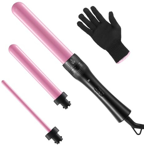 Lockenstäbe Große und Kleine Locken Set, 3 in 1 Lockenstab mit Verschiedenen Aufsätzen Keramik Turmalin Beschichtung Welleneisen mit Handschuh