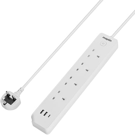 Maplin 4 Way Extension Lead with USB, 1x USB-C Fast Charge & 2x USB-A Ports, 4x UK Plug Sockets, 1.8M Cable, Surge Protection, 3250W/13A Power Strip