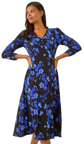 Roman Originals Swing Dress Women UK Ladies Skater Tea Midi A Line Fit & Flare Winter Autumn Casual Smart Cocktail Party Going Out Work Buttons - Royal Blue - Size 14