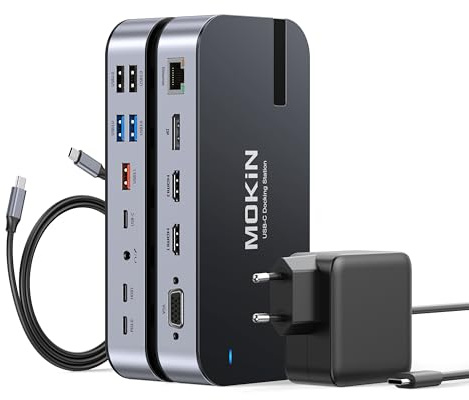 MOKiN Station d'accueil USB C Docking Double Moniteur avec Adaptateur 65W | 15-en-1 PC Portable 4 Écrans Dock USB C 2 HDMI DisplayPort, VGA, Type-C/A, RJ45, PD 100W, Audio, SD/microSD pour Dell/HP