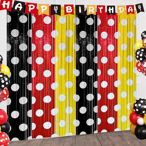 2er Set Lametta Vorhang Schwarz Rot Gold - Süße Maus Party Deko Geburtstag | Glitzer Fransen Fotohintergrund für Jungen & Mädchen, Cartoon Motto Partyzubehör & Fotowand Streamer