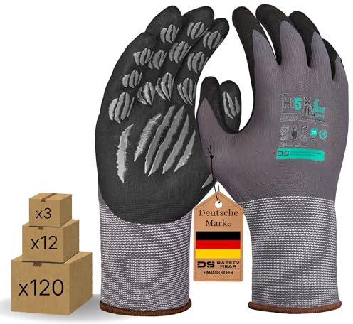 Hi5 X-FlexiTec Arbeitshandschuhe 4131X – Nitril-Mikroschaum + Grip-Noppen – 15G Nylon/Spandex – EN 388 – Touchscreen – grau/schwarz (120, XL)