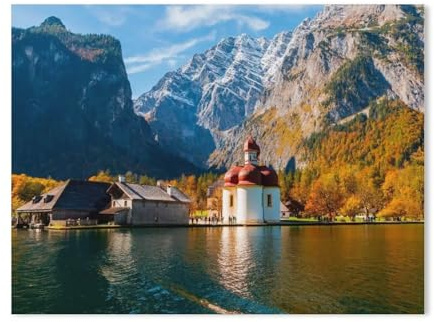 Puzzle 1000 Teile Landschaft Erwachsene Puzzle Holz Puzzle 3D Klassisches Puzzle，St. Bartholomä am Königssee, Bayern, Deutschland，DIY Moderne Kunst Hauptdekor（75x50cm）-H24