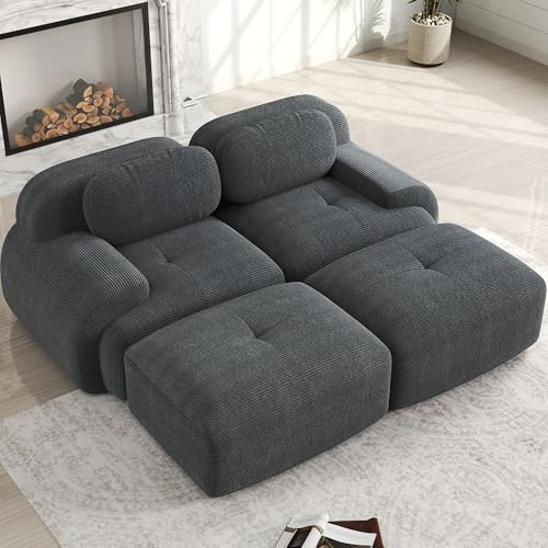 2-Sitzer Sofa mit Chaiselongue aus Cord – Modulares Rahmenloses Lounge Sofa mit 32D Kaltschaum, Ergonomischen Armlehnen & Rutschfester Unterseite – Eckcouch für Wohnzimmer & Schlafzimmer – Grau