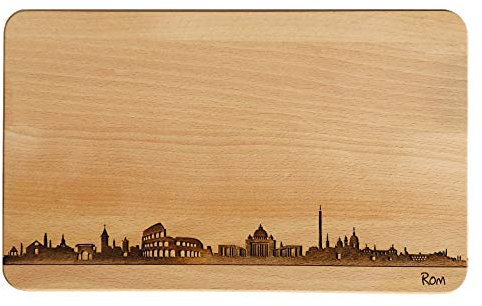 SNEG Brotzeitbrett Rom Skyline | Frühstücksbrettchen aus Buche | Holz Schneidbrett | Geschenk mit Gravur | Frühstücksbrett | Italien (Standard (22x14x1cm), 1. ohne persönlicher Gravur)